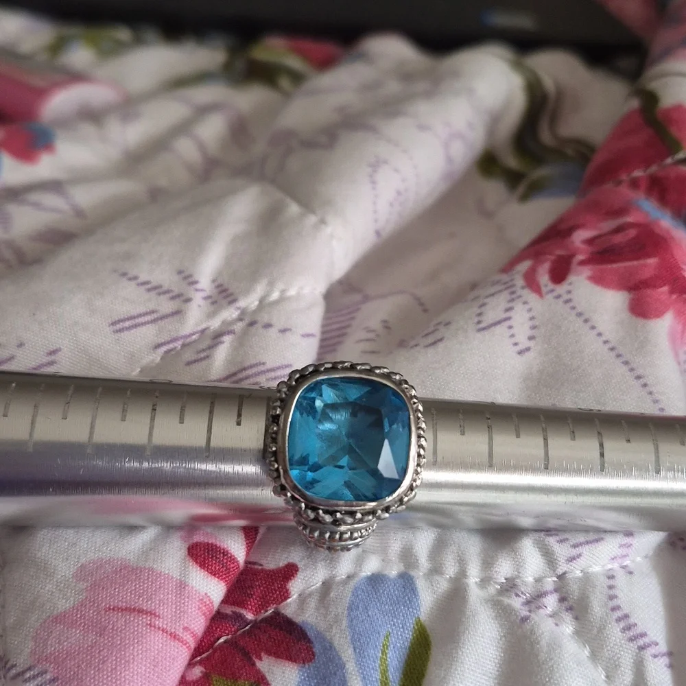 Vintage Checkerboard large Blue Topaz Chunky silver ring size 8